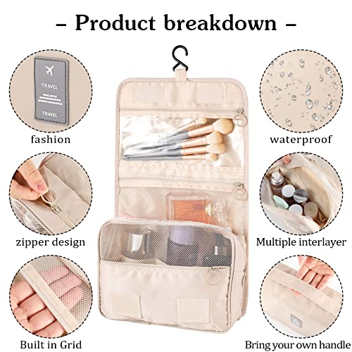 Pengxiaomei Toiletry Bag for Women, Waterproof Hanging Cosmetic Bag Portable Travel Makeup Pouch Multifunction Handle Bathroom Bag for Teen Girl Summer Camp (Beige) - color: Beige