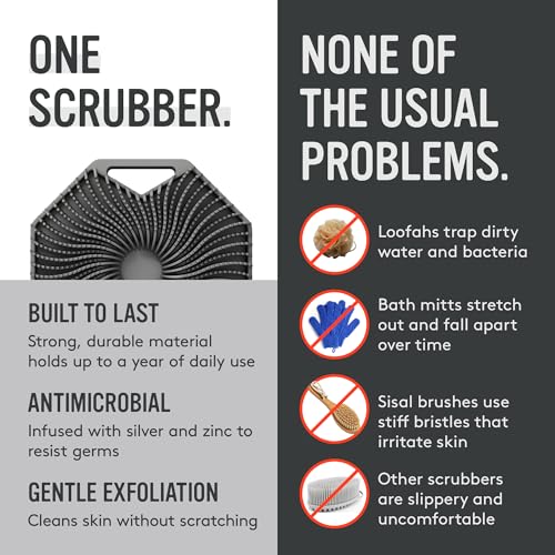Sud Scrub® Antimicrobial Silicone Body Scrubber, Exfoliating Body Brush for Sensitive Skin, Antibacterial Shower Scrubber for Body, Bathroom Essentials for Men & Women, Charcoal - color: Charcoal