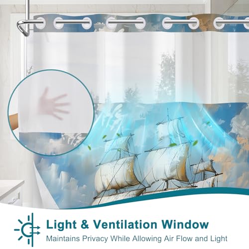 Nautical Blue Shower Curtain with Removable Liner, Shower Curtain No Hooks with See Through Window, Double Layer Fabric Shower Curtains, Coastal Voyage Ship Design for Bathroom Decor, 71x74 Inch - color: Ocean Voyage