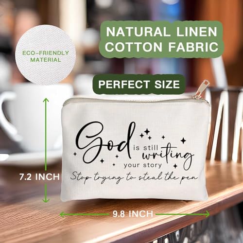 God is Still Writing Your Story Travel Bag Funny Christian Women of the Bible Makeup Bag Bible Quote Christian Quotes Scripture Makeup Pouch Linen Cotton Bag - color: God is writing