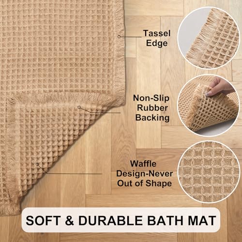 Hiasan Set of 2 Waffle Bath Mat, Super Absorbent Non Slip Bathroom Boho Rug with Tassels, Machine Washable Bath Mats for Bathroom, Ultra Soft Rubber Backed Rug, Brown, 16" x 24" + 24" x 48" - color: Brown, size: 16" x 24" + 24" x 48"