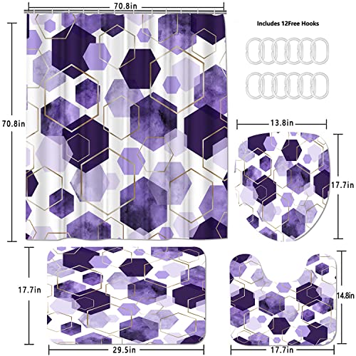 LQCOOL 4Pcs Purple Shower Curtain Set Marble Grain Geometric Bathroom Set Lavender Abstract Bathroom Curtain Set with 12 Hooks Carpet Bath Mat and Toilet Rugs - color: Purple