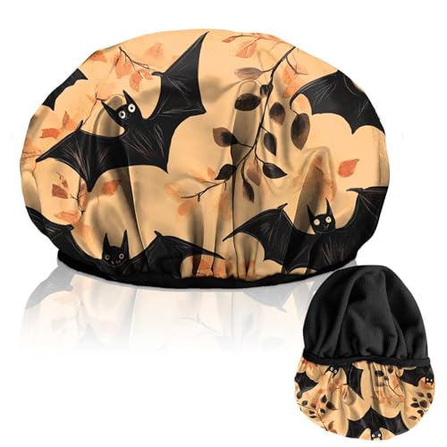 Luxury Shower Cap Terry Lined Reusable Triple Layer Waterproof Hair Elastic Caps Shower Bath Hat for Women Girls Cute Aesthetic-Orange Bat - color: AL13-Orange Bat