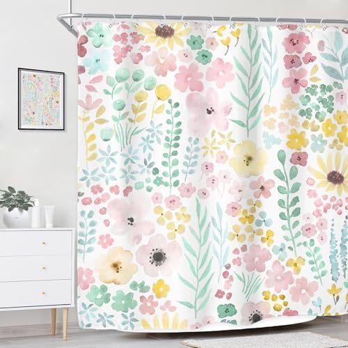 Riyidecor Sage Green Floral Shower Curtain for Bathroom Decor 72Wx72H Cute Boho Watercolor Plants Spring Girly Women Colorful Art Printed Fabric Polyester Waterproof 12 Pack Plastic Hook - color: G-green, size: 72"W x 72"L (Pack of 1)