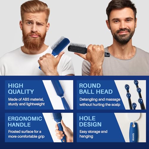 RHOS Hair Brush for Men - Detangler and Styling Brush with Nylon Bristles for Wet and Dry Hair, Massage Function, Suitable for Bangs, Thin, Short, and Thick Hair (1 Pack - Blue) - color: 1 Pack-Blue