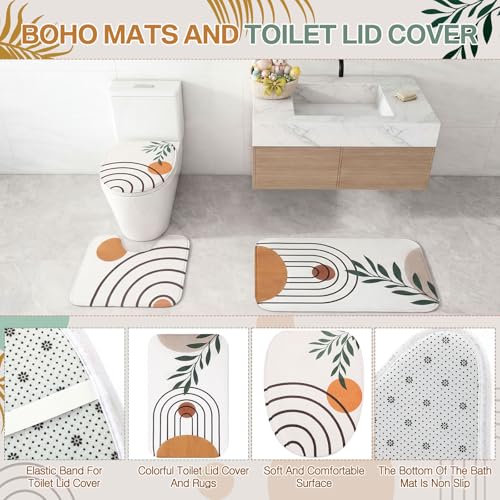 Haull 7 Pcs Boho Abstract Shower Curtain Set with Non-Slip Rugs Toilet Lid Cover Bath Mat Towels, Mid Century Modern Geometric Leaf Minimalist Bathroom Decor for Home Bathroom Set with 12 Hooks - style: Boho