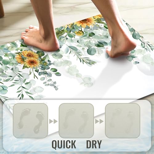 Quick Dry Bath Mat for Bathroom,Super Absorbent Green Eucalyptus Leaves Bath Rug Non-Slip Rubber Backing,Machine Washable Bathroom Floor Mat for Shower, Tub, Sink Area Sunflower Watercolor 30x20 - color: Green Leaves, size: 1'8" x 2'6" (Rectangular)