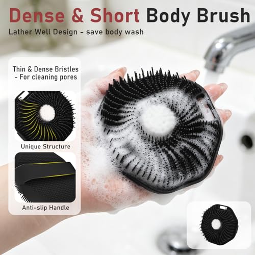 Back Scrubber for Shower 2 Pack, Silicone Scrub Brush with Long Handle & Unique Soft Body Scrubber, Detachable Body Brush Shower Lather Well Deep Clean Exfoliating for Women Men Sensitive Skin Bl&Gy - color: Black+grey Flock