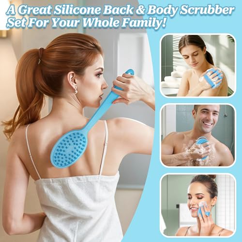 Silicone Back/Body/Face Scrubber & Soft Bath Glove Set 4PCS, Gentle Exfoliating Back & Body Scrubber with Dual-Side Brush Head, Hand-fit Bath Glove & Face Scrubber for Deep Cleaning(Blue-4PC) - color: Blue*4