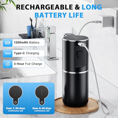 Fantictas Automatic Foaming Soap Dispenser Touchless, 4 Adjustable Levels | Foam Soap Dispenser 380ML, USB Charging Wall Mount for Kitchen & Bathroom, IPX5 Waterproof - color: Black