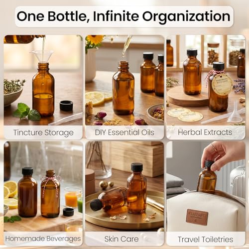 TBWIND 54 Pack 2oz Amber Glass Boston Round Bottles with Airtight Caps | Travel Size Bottles for Essential Oils, Perfume, Vanilla Extract, Tinctures & DIY Sample with Droppers, Labels & Funnels - size: 2oz