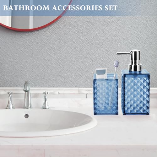 Blue Bathroom Accessories Set 2 PCS, Navy Blue Bathroom Accessories Include Soap Dispenser and Toothbrush Holder, Diamond Pattern Bathroom Set for Boho Bathroom Decor - color: Blue