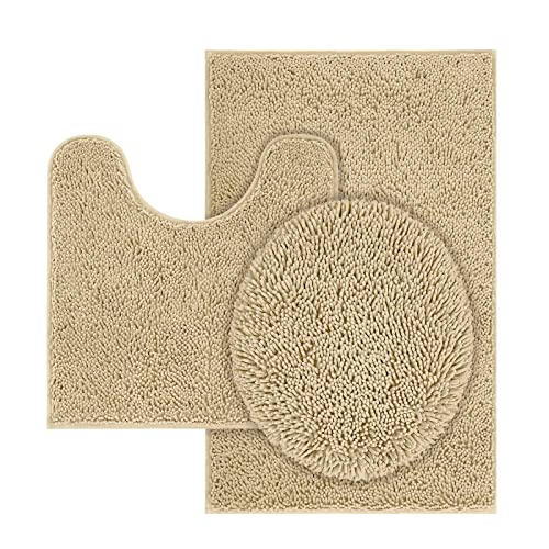 TREETONE Chenille Bath Mat 3 Pieces Bathroom Rugs Set, 20x20 Inches U-Shape Contoured Toilet Mat & 20x32 Inches Rug & Lid Cover,Water Absorbent Plush Rugs for Tub Shower & Bath Room -Beige - color: Beige, size: Set of 3-Medium 20" x 30"/Contour/Lid Cover