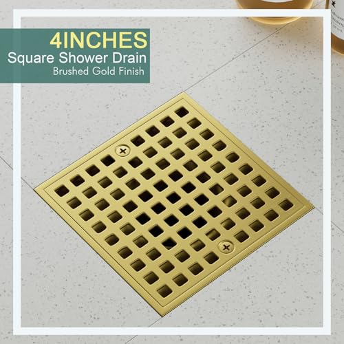 4 Inch Shower Floor Drain with Flange - Square Shower Drain with Hair Strainer - Removable Strainer Cover - SUS304 Stainless Steel - Brushed Gold - color: Brushed Gold