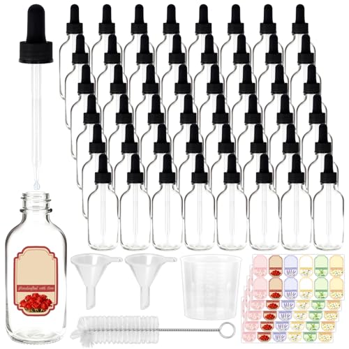 STARSIDE 48-Pack 1oz Clear Glass Leakproof Dropper Bottles | 30ml Dropper Bottles for Essential Oils & Crafts, Includes Funnel, Brush, Labels, Extra Droppers & Measuring Cup - color: 1oz-Clear-48pcs