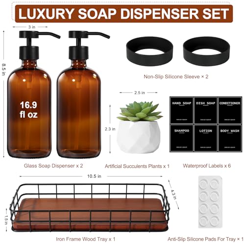 Kitchen Soap Dispenser Set with Tray, Amber Glass Soap Dispensers with Iron Basket, Decorative Hand and Dish Soap Dispenser Set, Soap and Lotion Dispensers for Kitchen and Bathroom Storage Organizer
