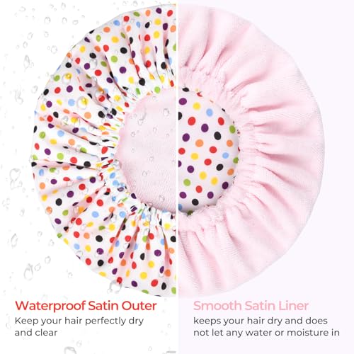 Shower Cap for Women Terry Lined Bath Cap Large Reusable Waterproof Elastic Band Pink Point Shower Caps for Long Thick Hair Soft Bath Shower Hair Caps - color: Color Dots