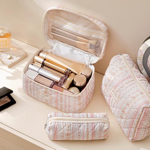 HBselect Quilted Makeup Bag, 3PCS Cotton Large Travel Makeup Bag, Cute Floral Coquette Make up Bag Cosmetic Bag Toiletry Bag for Women Girls - color: A-3PCS-Floral 25