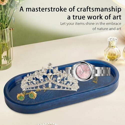 Bathroom Vanity Trays for Counter: Blue Resin Towel Tray Organizer with Words - Oval Bathroom Sink Tray Countertop - Decorative Tray for Perfume/Oil Bottles - color: Blue