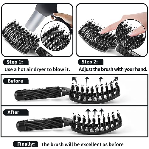 Boar Bristle Hair Brush Set of 2, HIPPIH Wet & Dry Hair Brushes Made by Fine Natural Boar Hair Can Adds Shine and Smoothing, Detangling Hairbrush for Women, Men & Kids' Long Curly Thick Hair - color: Black & Gold