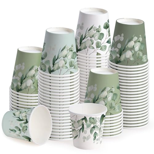 WRAPAHOLIC 3oz Eucalyptus Leaves Paper Cups - 100 Pack Disposable Bathroom Cups with Green Eucalyptus 4 Designs, Small Mouthwash Cup for Toothbrush Rinse, Home Bathroom, Baby Shower and Wedding - color: Green Eucalyptus Leaves