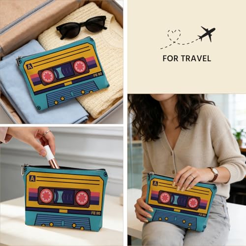 Retro Cassette Makeup Bag for Women, Retro Music Lovers Canvas Cosmetic Makeup Pouches with Zipper Travel Makeup Cosmetic Bags, Vintage Themed Toiletry Organizer Pouch Birthday Gifts - color: Multicolor 0006