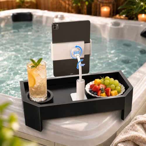 Vespara Bamboo Hot Tub Table with Adjustable Phone Holder, Non Slip Hot Tub Table Spa Gifts for Women, Bathtub Canddy Tray with Wine Glass Holder Tray for Luxury Bathtub& Bathroom Accessories Black - color: Black