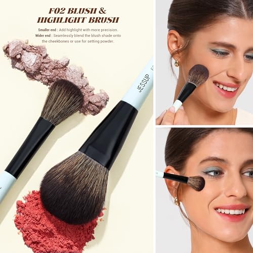 Jessup Face Makeup Brushes with Makeup Sponge, 3pcs Double Ended Makeup Brush for Foundation Contour Blush Highlight and Concealer Brush, Premium Synthetic Brush Set with Gift Box, T510 - style: T510