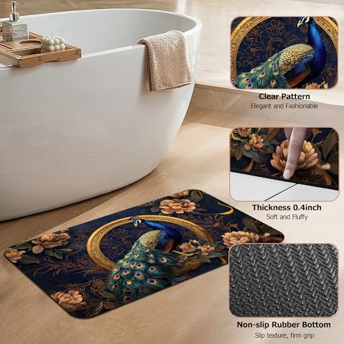 Peacock Bathroom Rugs,Bath Mats for Bathroom,Floral Low Pile Absorbent Bath Mat,Rubber Backing Non Slip Washable Thin Quick Dry Door Mat 17x29.5 Inch - color: Peacock,floral
