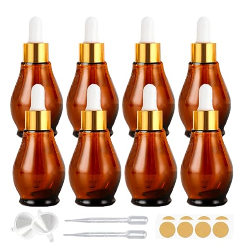 8 Pack 1oz Glass Dropper Bottles 30ml Amber Gourd Shaped Glass Bottles with Dropper, Tincture Bottle,for Essential Oils, Hair Oil, Liquids, Perfume (Amber/Gold Cap, 30ml) - color: Amber /Gold Cap