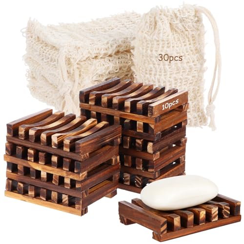 40PCS Soap Bags Holder Set,10 Wood Soap Dishes with Clear Moisture-Resistant Coating and 30 Cotton Linen Drawstring Soap Bag,Bars Bamboo Soap Saver Bag Set for Bathroom,Shower,Kitchen,Travel