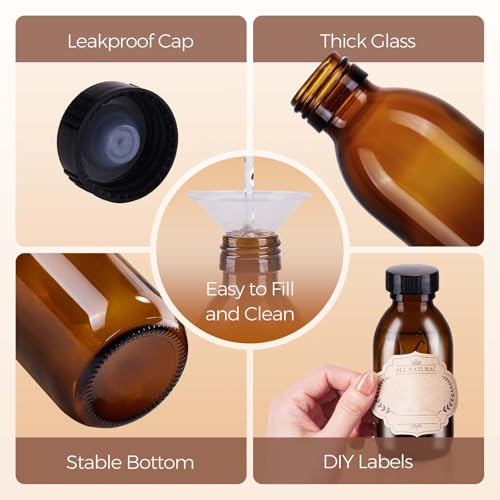 12 Pack 4 oz Vanilla Extract Bottles, Amber Boston Glass Bottle with Cap Empty Brown Glass Bottles for Homemade Vanilla Extract, Essential Oils, Juice, Potion, Syrup, Liquids, Christmas Gift - color: Amber, size: 12 Pack