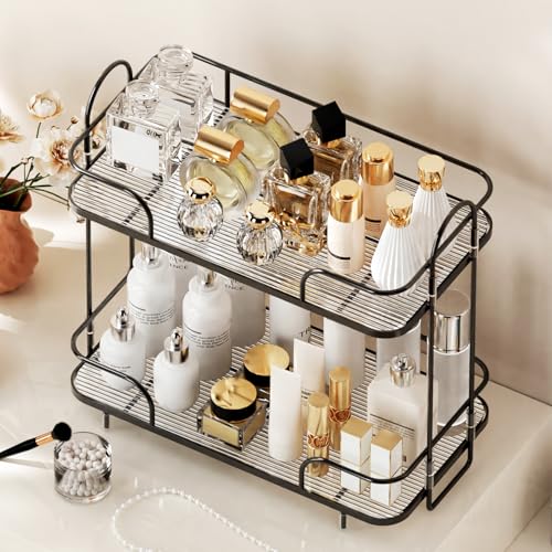 2 Tier Corner Bathroom Counter Organizer, Cosmetic Skincare Organizer, Bathroom Countertop Perfume Tray Vanity Organizer, Kitchen Spice Corner Storage Shelf - color: Black