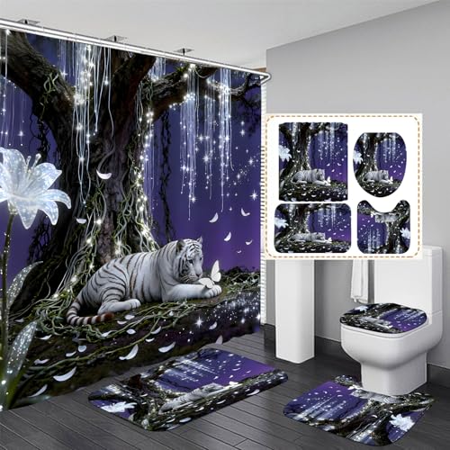 4 Piece Purple and White Shower Curtain Set with Rugs, Dreamy White Tiger & Butterfly Under Glowing Tree, Fantasy Aesthetic Waterproof Fabric Bathroom Decor, Non-Slip Mats & Toilet Lid Cover - color: Purple
