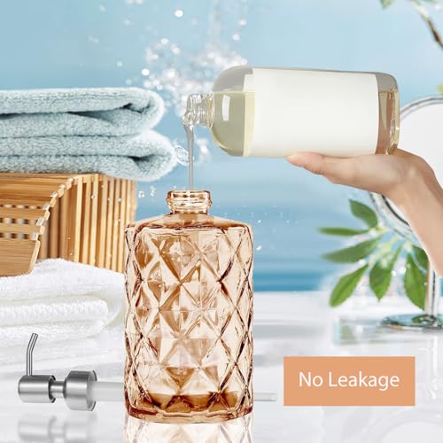 12Oz Amber Glass Soap Dispenser with Stainless Steel Pump, Refillable Kitchen Liquid Hand Soap Dispenser with Diamond Design, for Dispense Hand soap, Dish Soap, Lotion, Bathroom, Countertop, Hotel - color: Amber Diamond