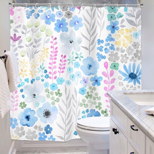 Riyidecor Extra Long Shower Curtain for Bathroom Decor 72Wx84H Blue Grey Floral Wildflower Boho Watercolor Plant Leaves Botanical for Girl Art Printed Fabric Polyester Waterproof 12 Pack Plastic Hooks - color: D-blue, size: 72"W x 84"L (Pack of 1)