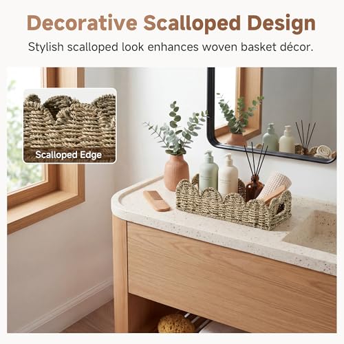 StorageWorks Small Wicker Scalloped Baskets for Bathroom Decor, Long Narrow Decorative Seagrass Baskets for Storage, Toilet Paper Basket for Back of Toilet Basket Tank Topper with Handles - color: Natural (Seagrass), size: 14¼" L x 6¾" W x 3¾" H (Scallope