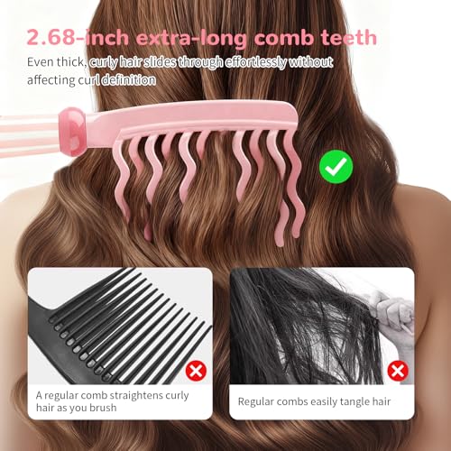 Wide Tooth Comb for Curls, Detangling Comb with Double Row Wavy Tooth for Curly/Wavy/Thick/Long/Wet & Dry Hair, Detangler Hair Brush Large Tooth Shower Hair Comb for Women Girl Men - color: Pink