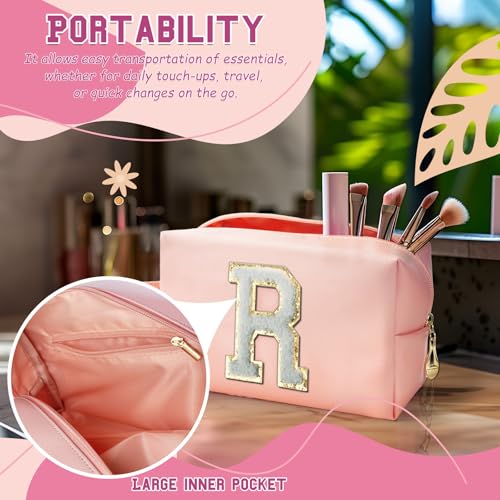 Personalized Initial Makeup Bag with Handle, Preppy Cosmetic Bag with Inner Zipper Pocket, 8 9 10 11 12 13 14 Years Old Girl, Graduation Gifts for Teen Girls Women Teachers (R, Pink) - color: Pink, style: R