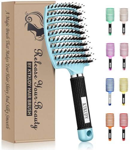 KTKUDY Detangling Brush Boar Bristles Hairbrush Make Hair Shiny & Healthier Curved and Vented Detangler Brush for Women Men Kids Wet and Dry Hair (light Blue) - color: light blue