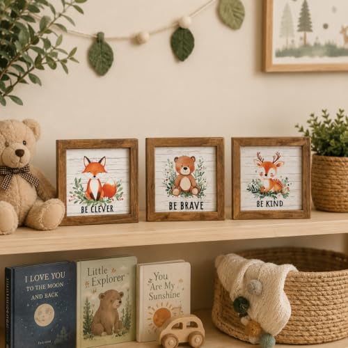 pechpell Set of 3 Woodland Forest Animal Themed Nursery Wall Shelf Decor | Wooden Cute Bear Fox Deer Sign, Creatures Pictures Decorations for Baby Shower Table, Baby Room, Above Crib, Kids Bedroom - color: white-baby
