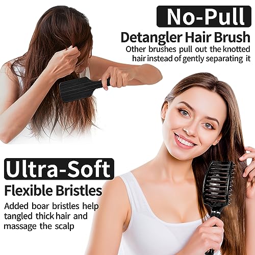 Boar Bristle Hair Brush Set of 2, HIPPIH Wet & Dry Hair Brushes Made by Fine Natural Boar Hair Can Adds Shine and Smoothing, Detangling Hairbrush for Women, Men & Kids' Long Curly Thick Hair - color: Black & Gold