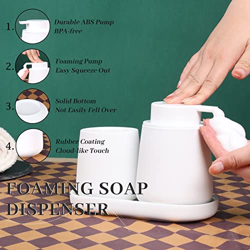 BosilunLife Ceramic Bathroom Accessories Set 3 Pcs, Foaming Soap Dispenser and Toothbrush Holder with Tray, Modern Farmhouse Vanity Decor, White Housewarming Gift - color: White, style: Foam