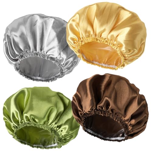 4 PCS Shower Cap for Women, Elastic and Reusable Bath Caps, Double Layers Shower Caps Reusable Waterproof, Bathing Shower Caps, Environmental Bath Hair Protection Cap -Gold+Green+Silver Gray+Brown - color: Gold+Green+Silver Gray+Brown