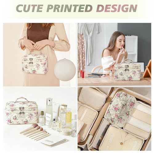 Gosect Large Quilted Makeup Bag, Large Floral Cosmetic Bag for Women, Cute Cotton Makeup Bags, Flower Travel Toiletry Organizer Bag (Pink Flowers) - color: 076Pink Flowers