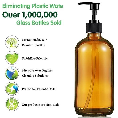 Amber Glass Soap Dispenser 16 Oz - Empty Bottles Set with Black Pumps & Lids & Lables for Refillable Shampoo Conditioner Bathroom Shower Wash Hand Body Lotion Soap Dish Kitchen Container Brown