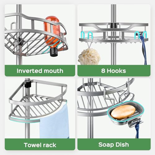 HAMITOR Shower Caddy Tension Pole: Rustproof Quick Install Corner Bathroom Organizer Shelf on Floor for Renters - 4-Tier Large Capacity Storage Rack with Soap Holder for Apartment -47-121 Inch/Silver - color: Silver Gray