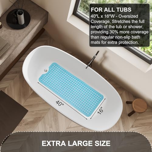 TEESHLY Bath Tub and Shower Mats, Non Slip 40 x 16 Inch Extra Large Bathtub Mat, Machine Washable Bathmat with Drain Holes, Suction Cups for Bathroom Floor, Clear Blue - color: Blue (Translucent)