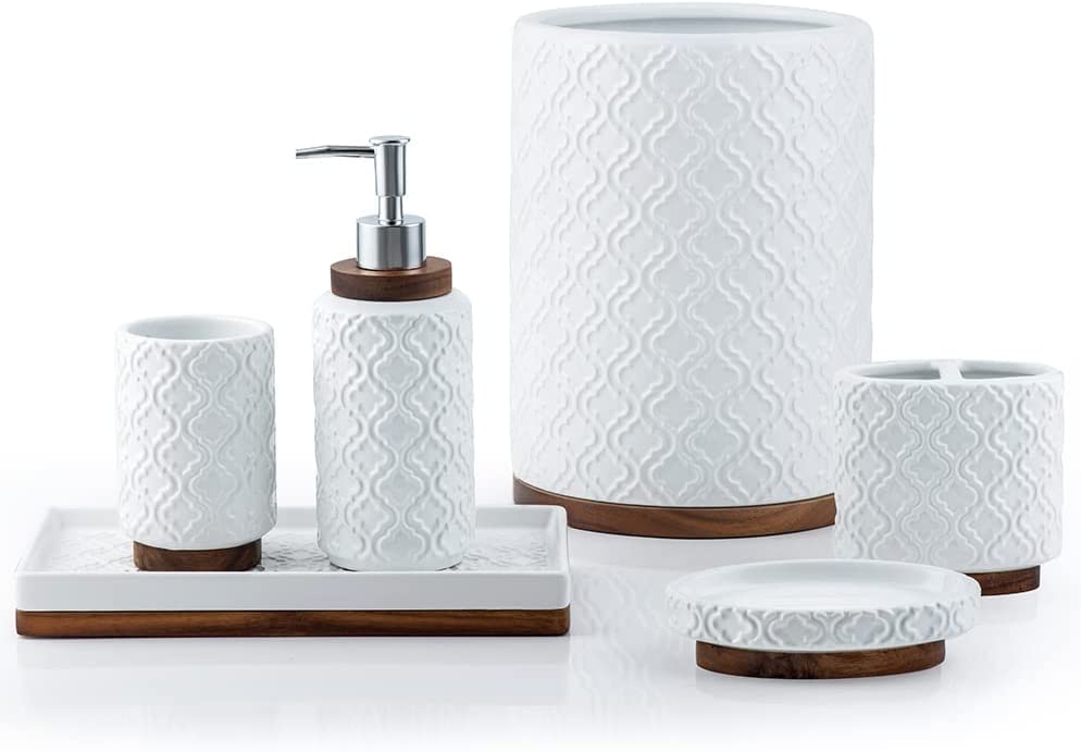RQYIXI Elegant 6 PCS Ceramic&Wood Bathroom Accessories Set:Soap Dispenser,Toothbrush Holder,Tumbler,Soap Dish,Tray,Trash Can,Easy to Clean,Quatrefoil Pattern,White-Affordable Home Luxury - color: A-white Trash Can