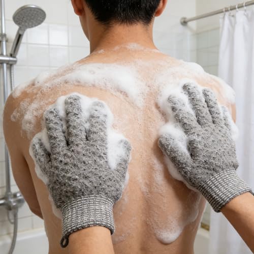 Exfoliating Bath Gloves 2 Pairs - Heavy Texture Body Scrub Gloves for Shower, Spa, Massage and Body Scrubs, Dead Skin Remover, Washing Gloves with Hanging Loop(Gray2) - color: Gray2